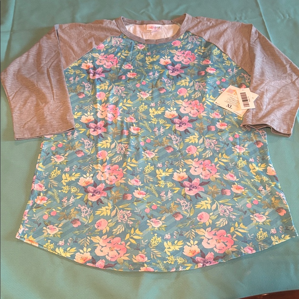 LuLaRoe Floral Teal & Gray Raglan 3/4 Sleeve Tee